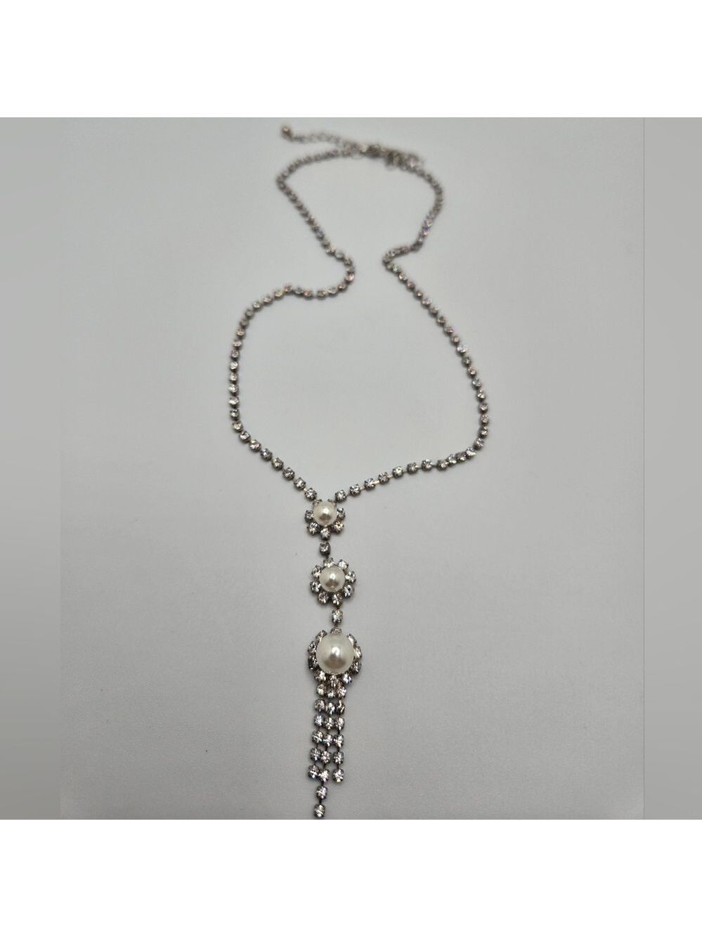 Vintage Rhinestones & Faux Pearl Tassel Drop Necklace Silver Tone 17''